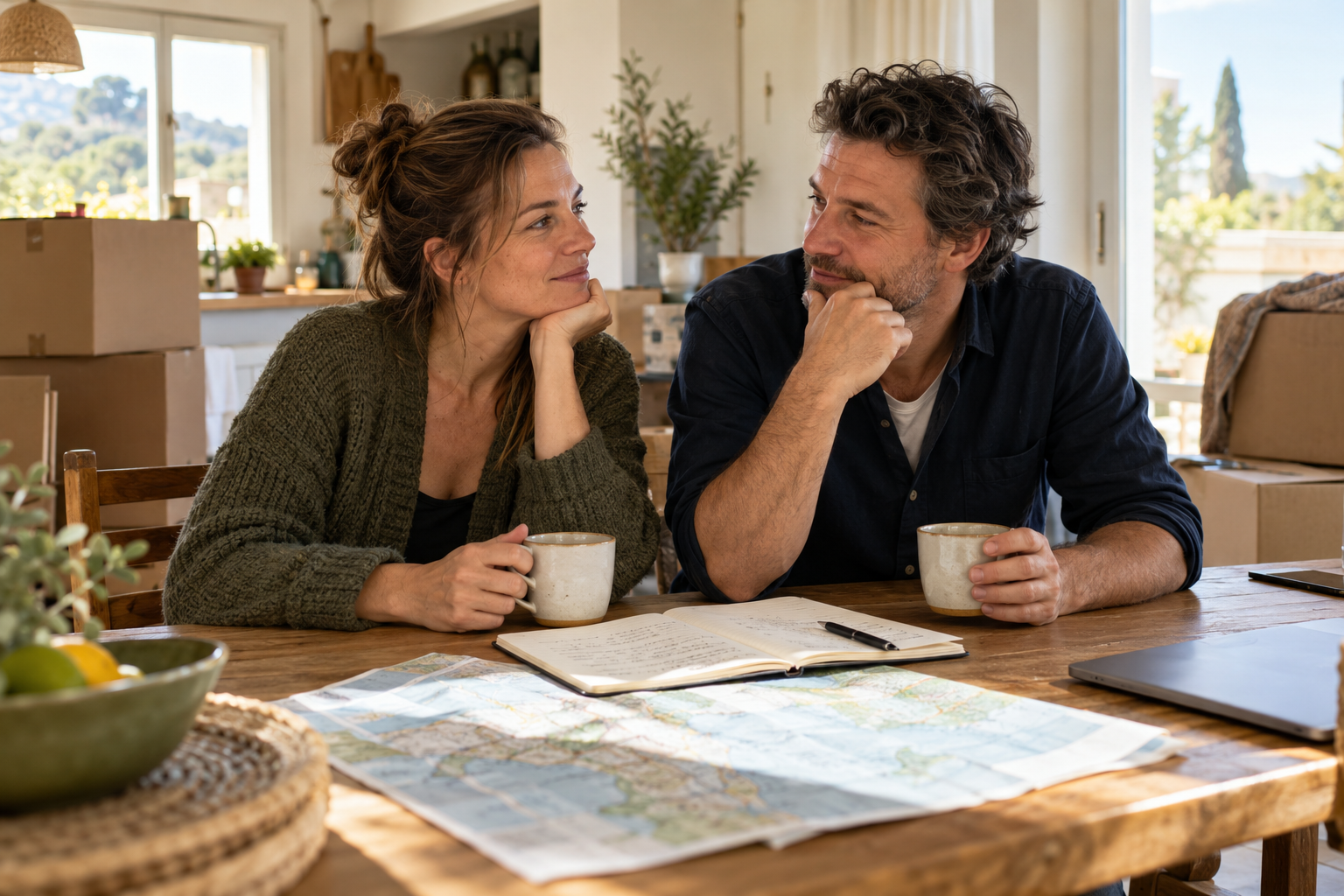 Een stel bespreekt aan de keukentafel hun plannen om naar het buitenland te verhuizen
