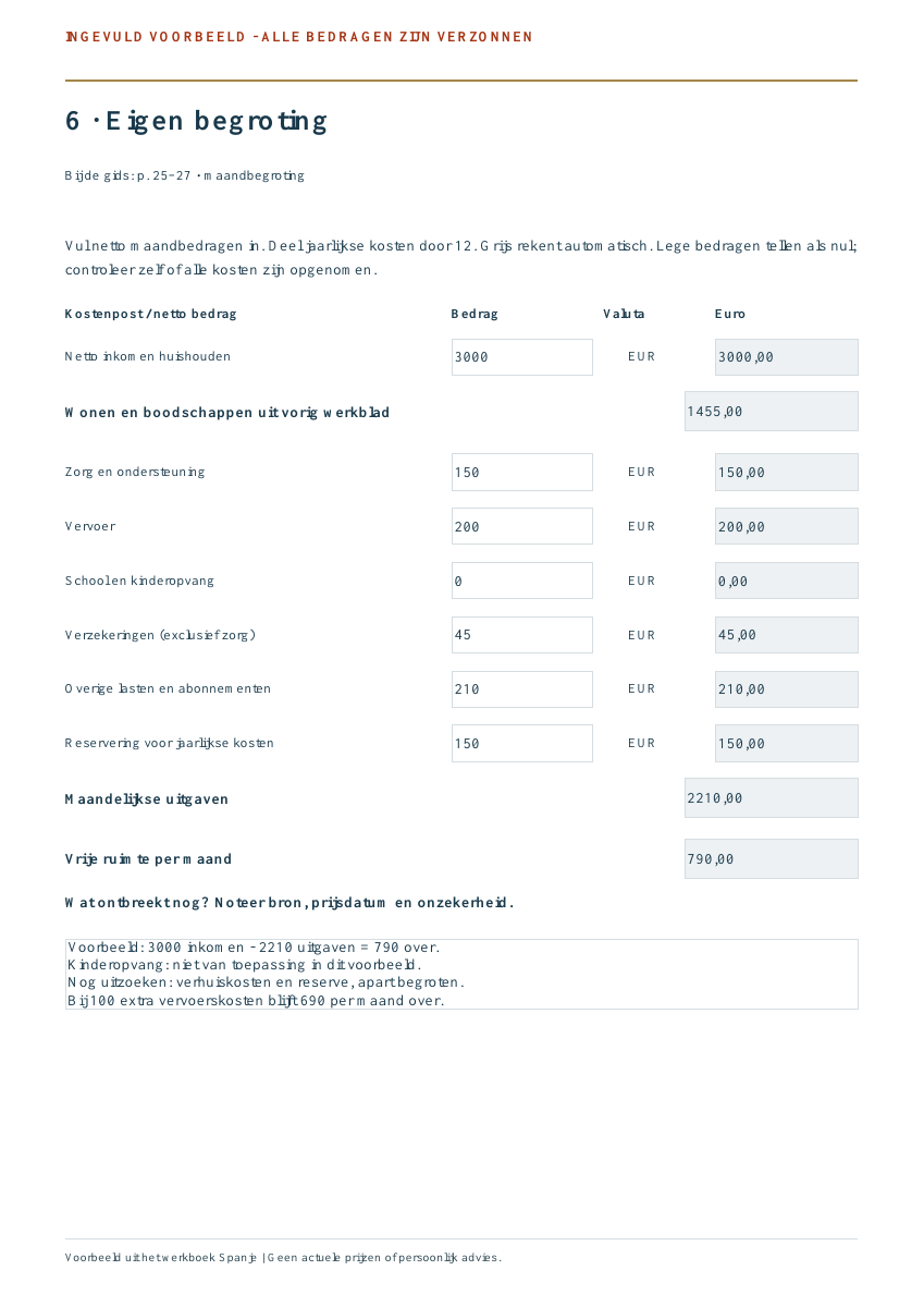 Ingevuld voorbeeld maandbegroting: 3000 euro netto inkomen, 2210 euro uitgaven en 790 euro resterend. Alle bedragen zijn verzonnen.