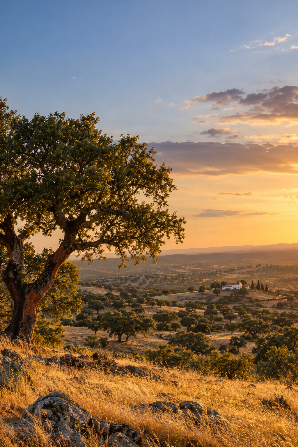 Sfeerbeeld: open land en kurkeiken geven het landschap van de Alentejo structuur.