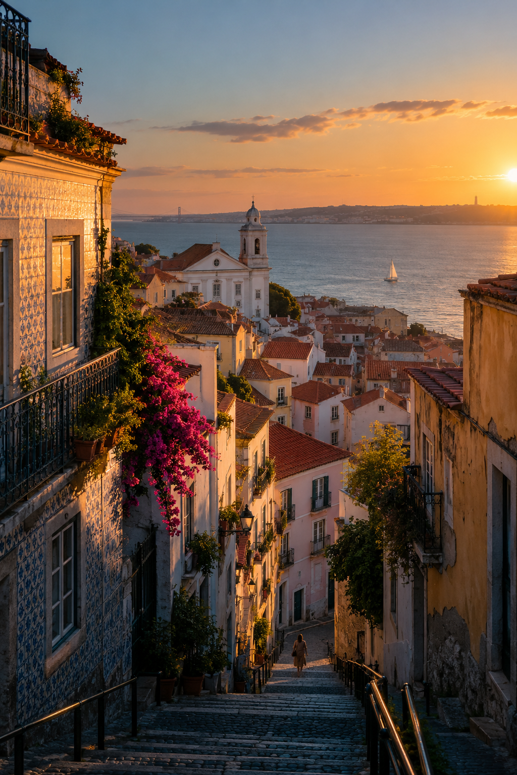 Sfeerbeeld van Lissabon en de Taag in warm avondlicht