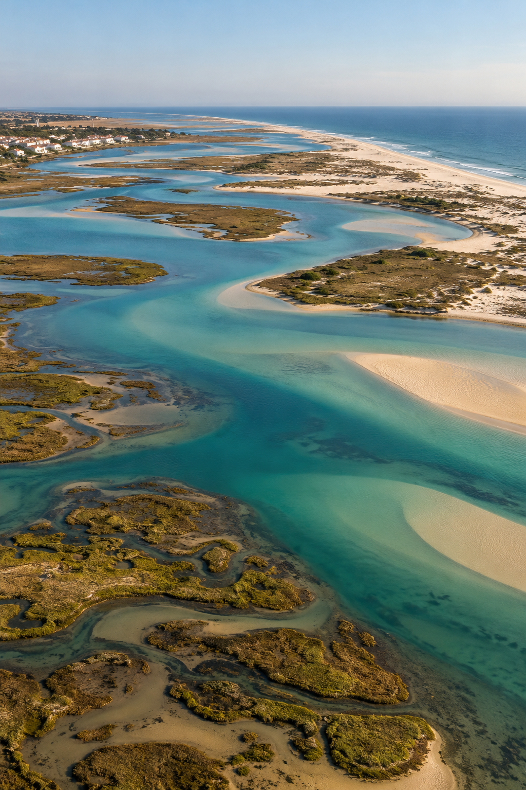 Sfeerbeeld: water en zand vormen het landschap rond de Ria Formosa.
