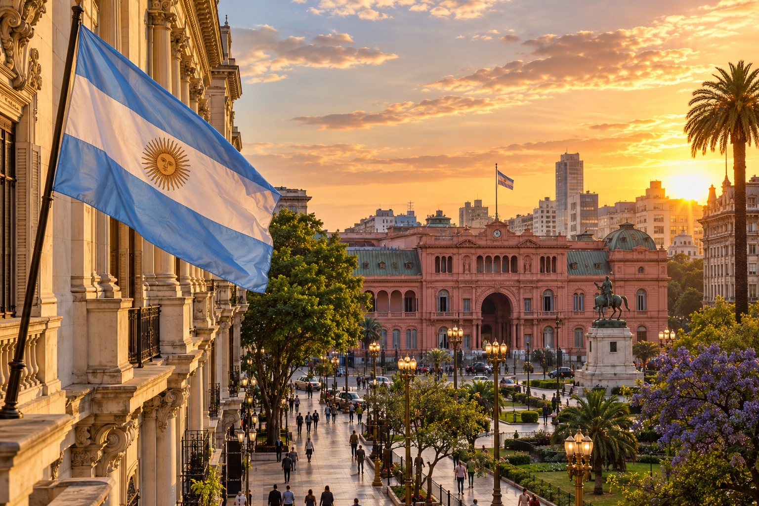 Sfeerbeeld van Argentinië met de landsvlag in warm avondlicht