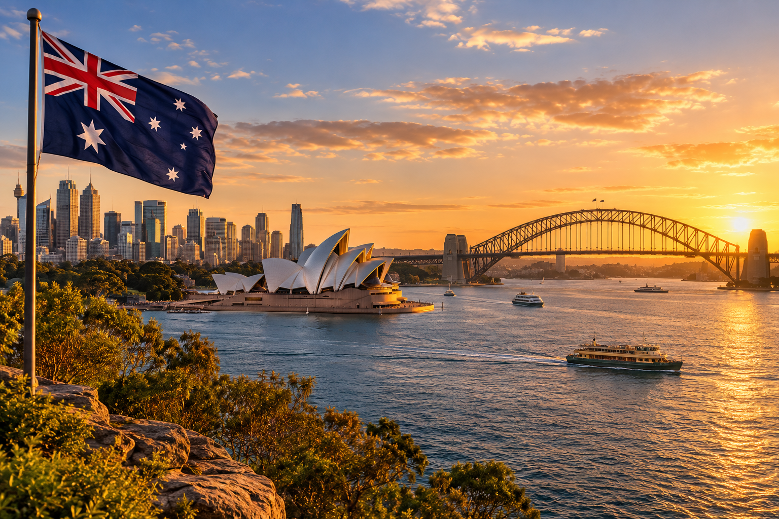 Sfeerbeeld van Australië met de landsvlag in warm avondlicht