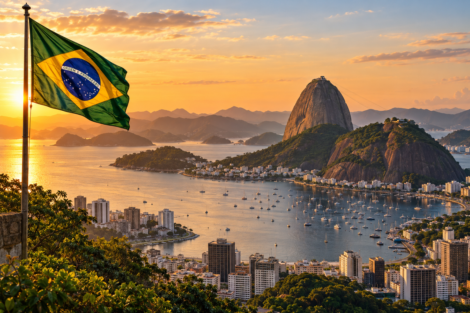 Sfeerbeeld van Brazilië met de landsvlag in warm avondlicht