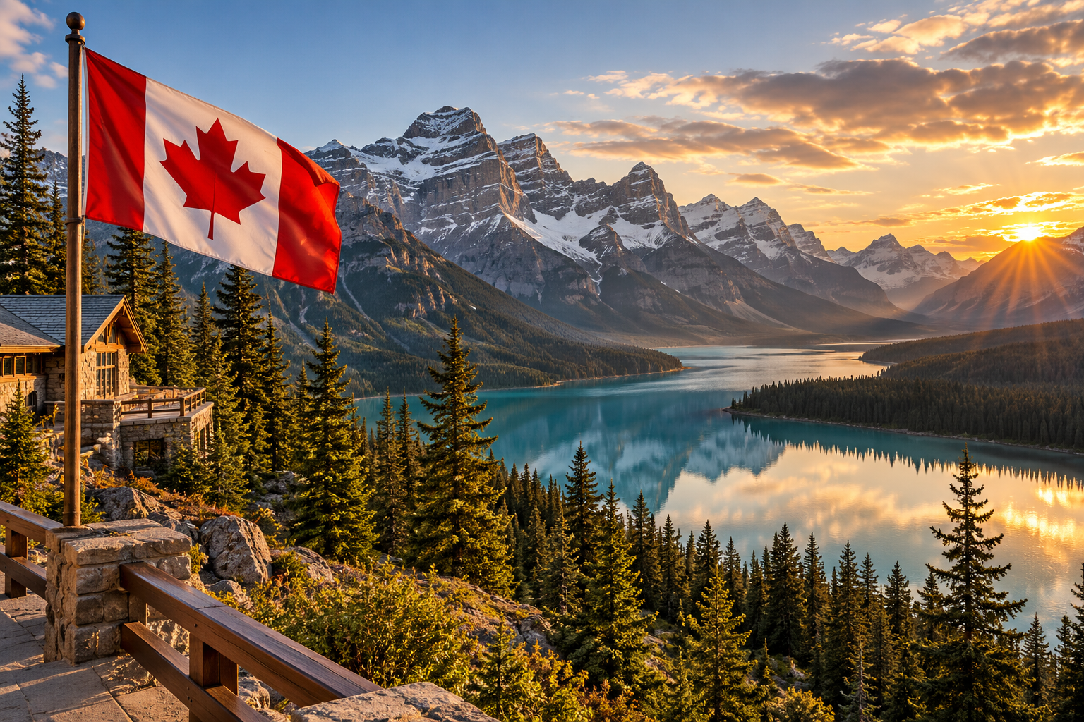 Sfeerbeeld van Canada met de landsvlag in warm avondlicht