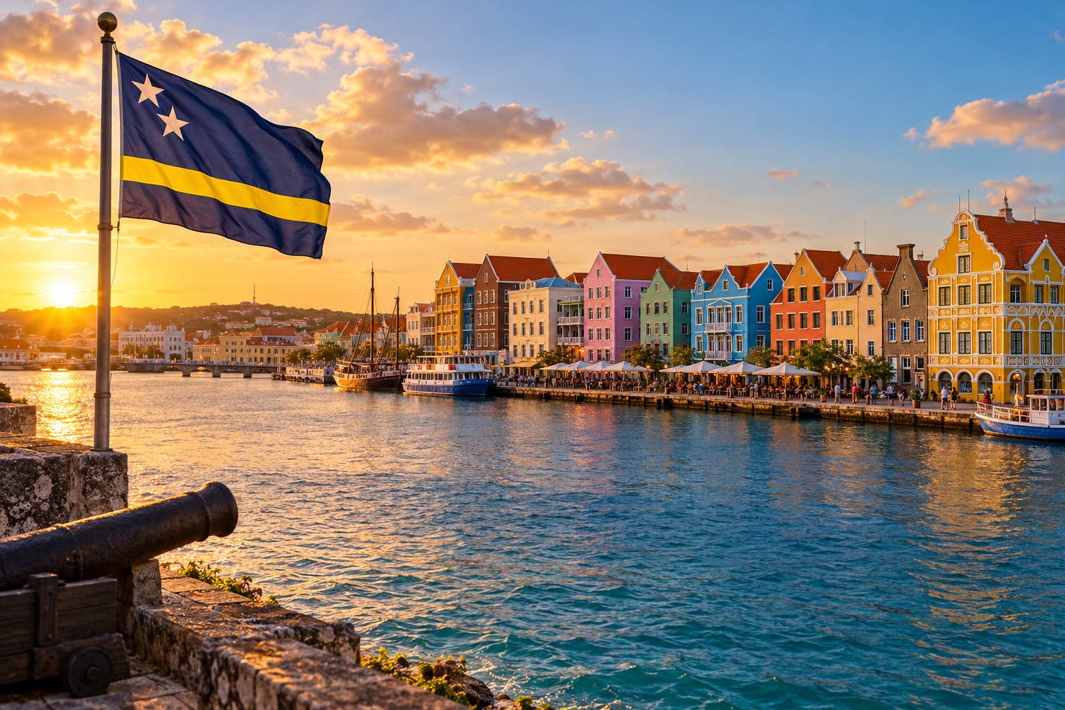 Sfeerbeeld van Curaçao met de landsvlag in warm avondlicht