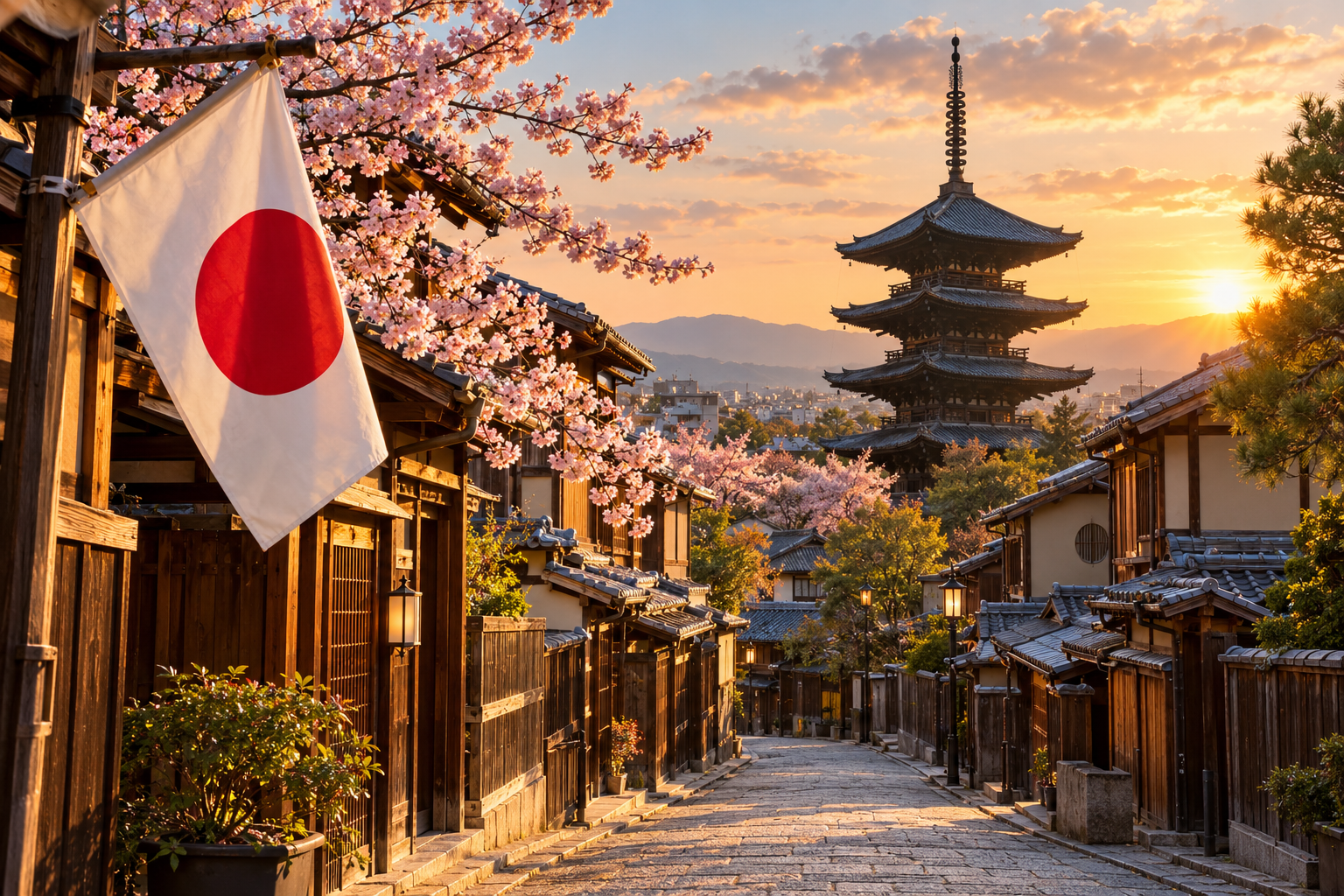Sfeerbeeld van Japan met de landsvlag in warm avondlicht