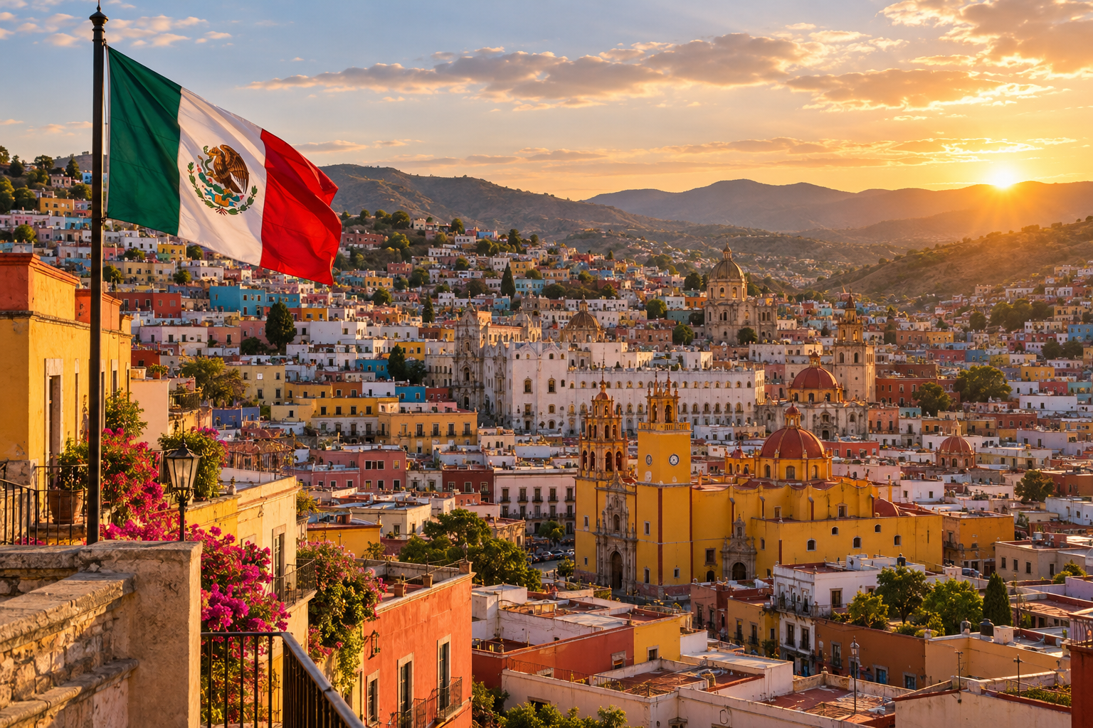 Sfeerbeeld van Mexico met de landsvlag in warm avondlicht