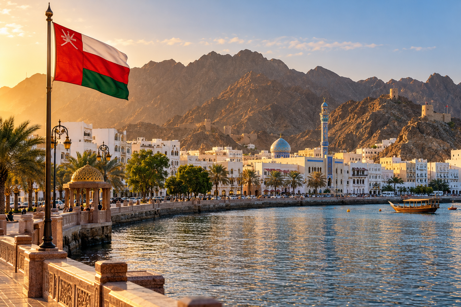 Sfeerbeeld van Oman met de landsvlag in warm avondlicht