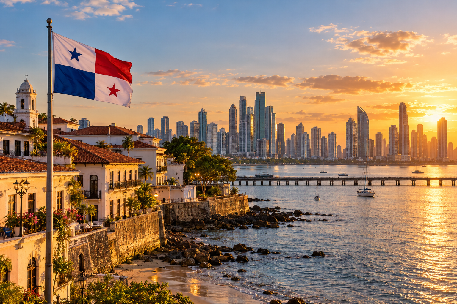 Sfeerbeeld van Panama met de landsvlag in warm avondlicht