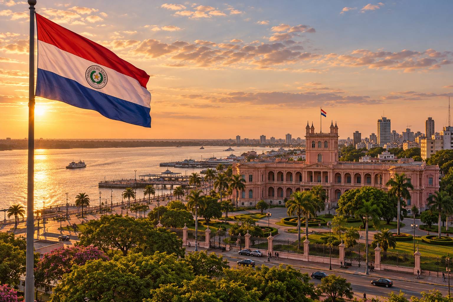 Sfeerbeeld van Paraguay met de landsvlag in warm avondlicht