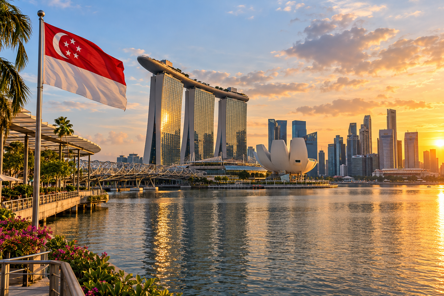 Sfeerbeeld van Singapore met de landsvlag in warm avondlicht