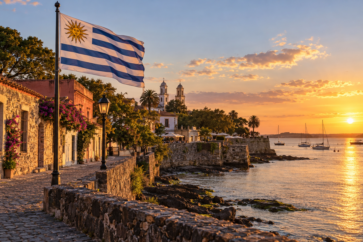 Sfeerbeeld van Uruguay met de landsvlag in warm avondlicht