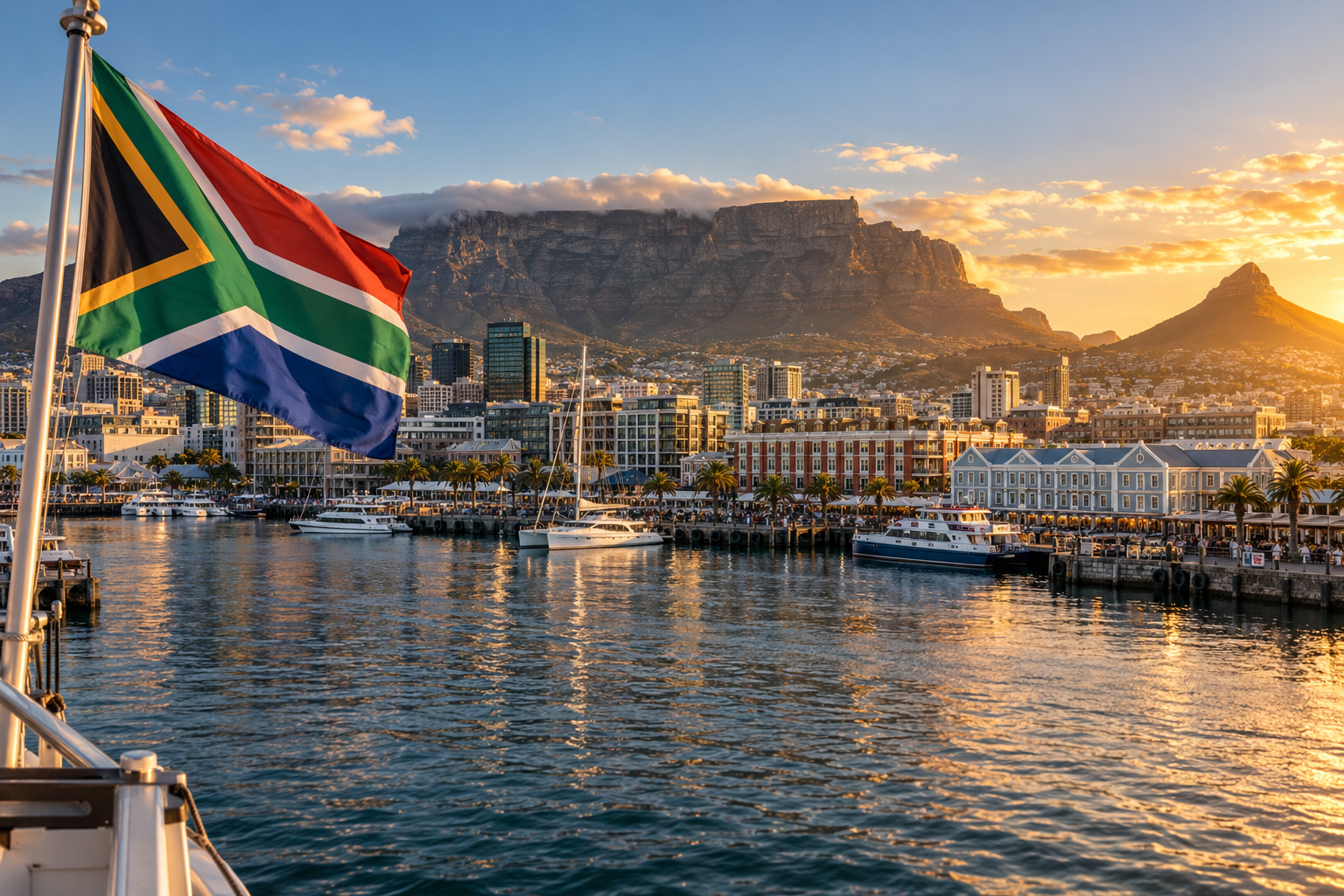 Sfeerbeeld van Zuid-Afrika met de landsvlag in warm avondlicht